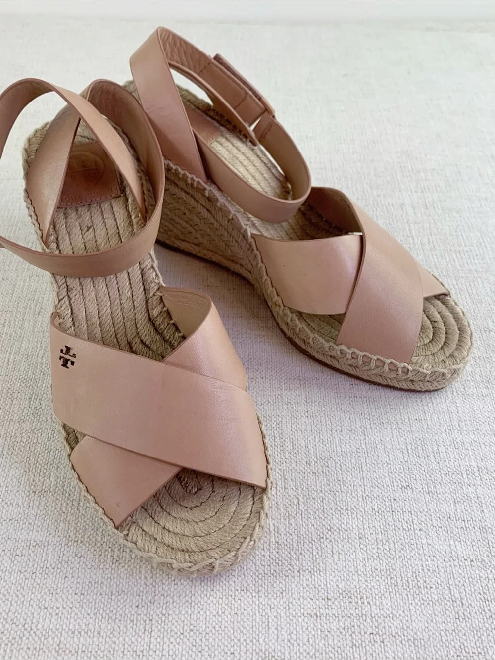 Tory Burch women's leather Espadrille Wedge Sandals blush tan size 9